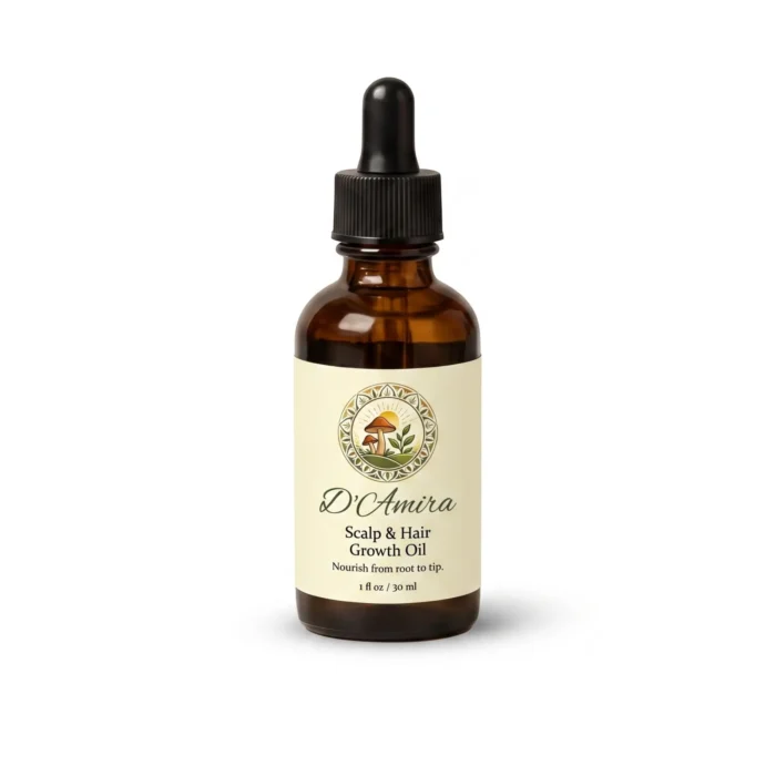 D’Amira Scalp & Hair Growth Oil in amber glass dropper bottle